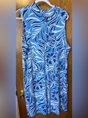 Susan Graver ‘ocean blue’ printed liquid knit 1/2 zip sleeveless skort dress 2X